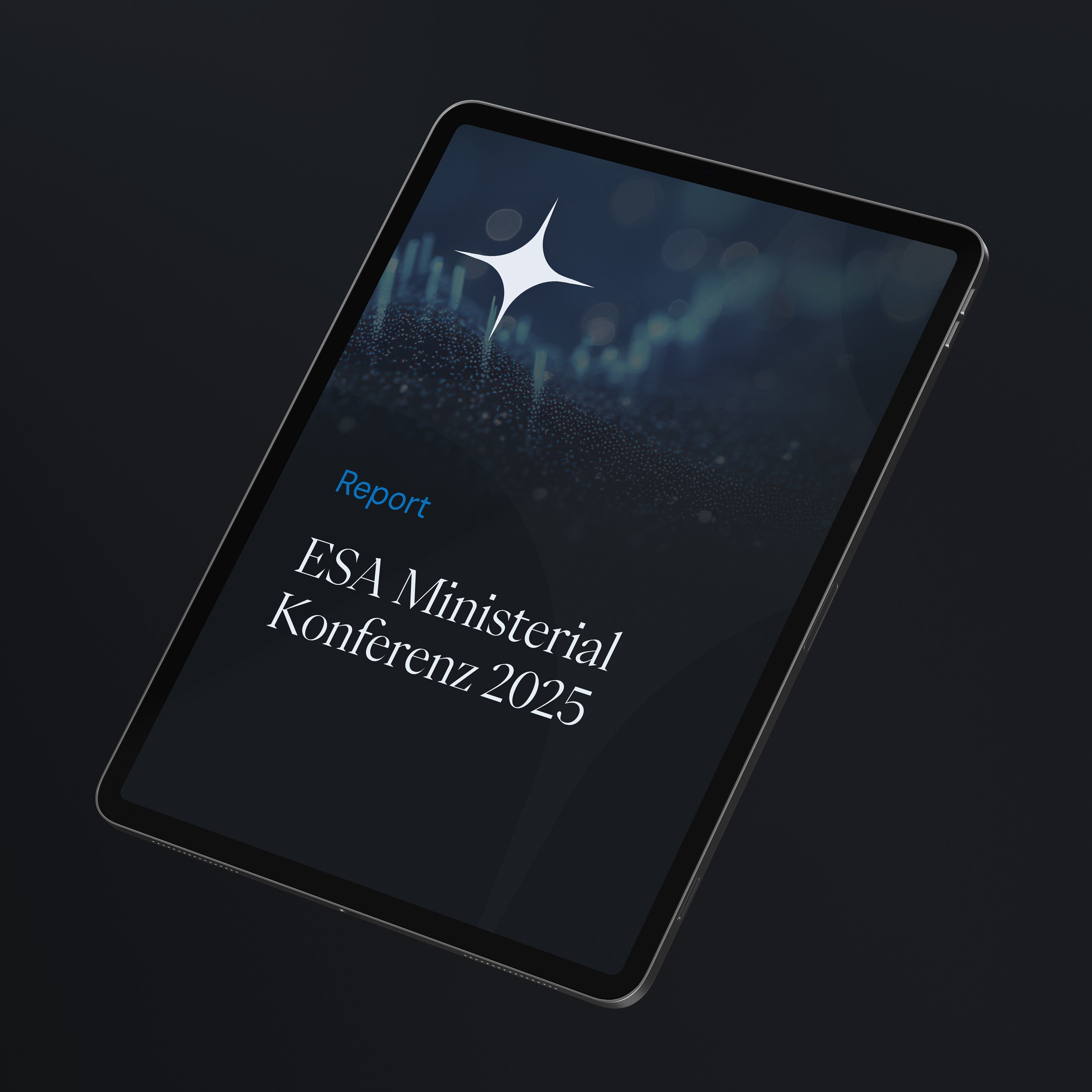 Black tablet displaying an Einstein report cover on a dark background.
