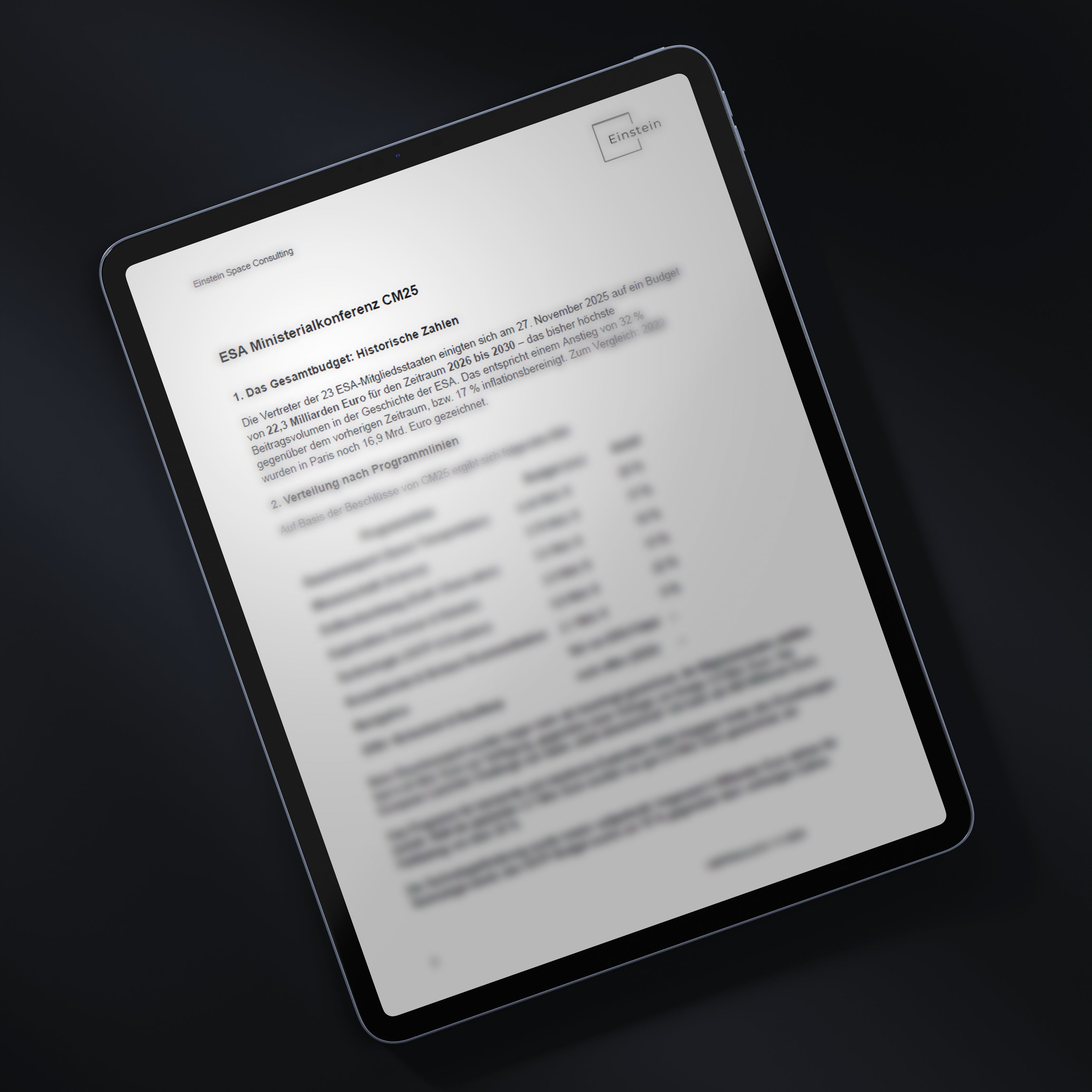 Digital tablet displaying text on a dark background