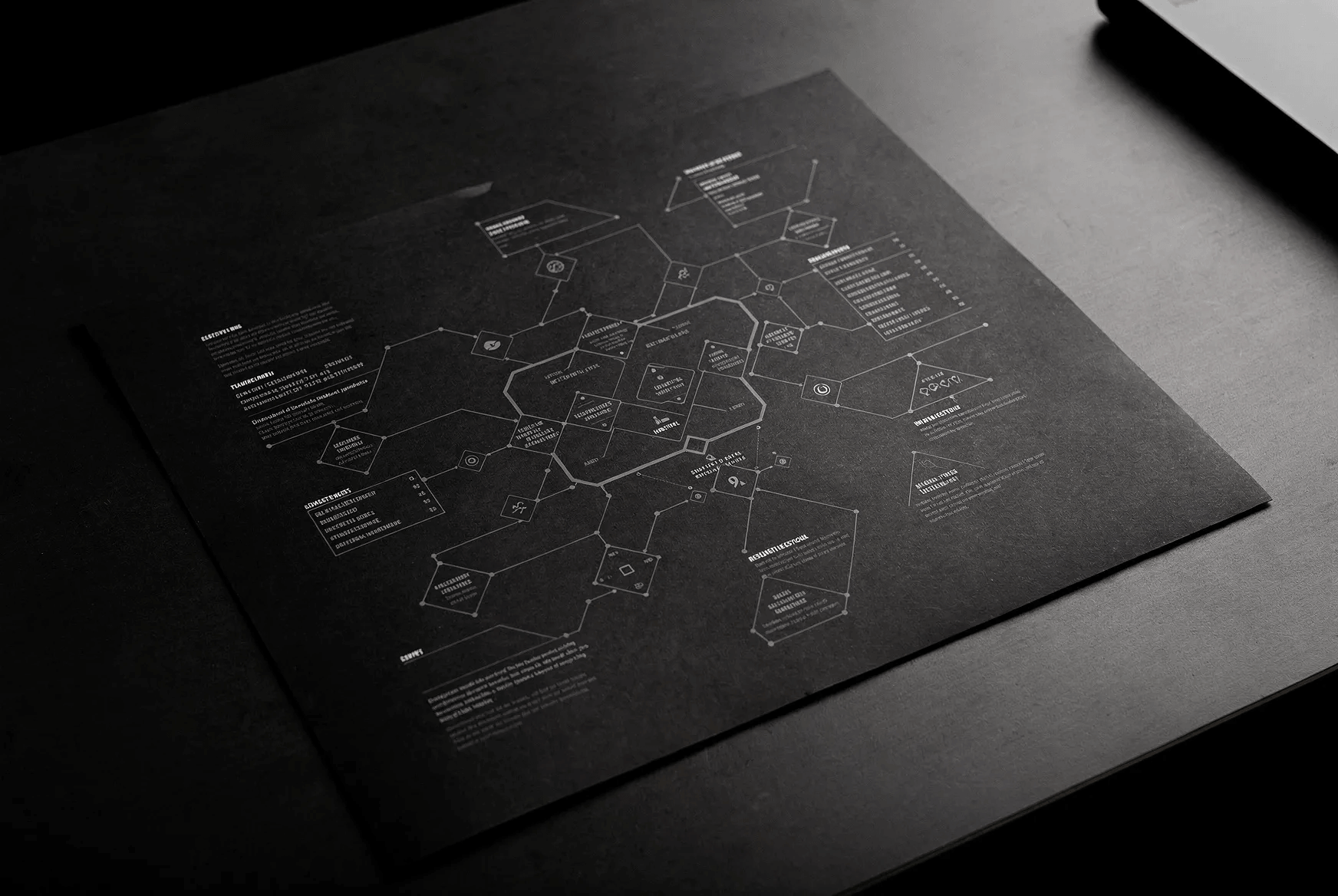 A printed ecosystem map with white network diagrams, nodes and annotations on black paper, photographed on a dark surface.