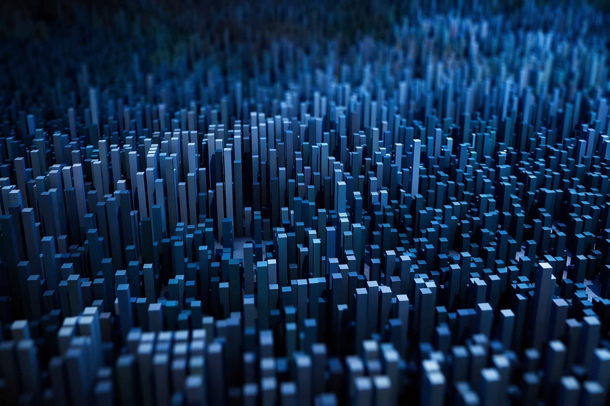 Abstract 3D visualization of a wave-shaped landscape composed of blue rectangular columns of varying heights, representing industrial data transformation.