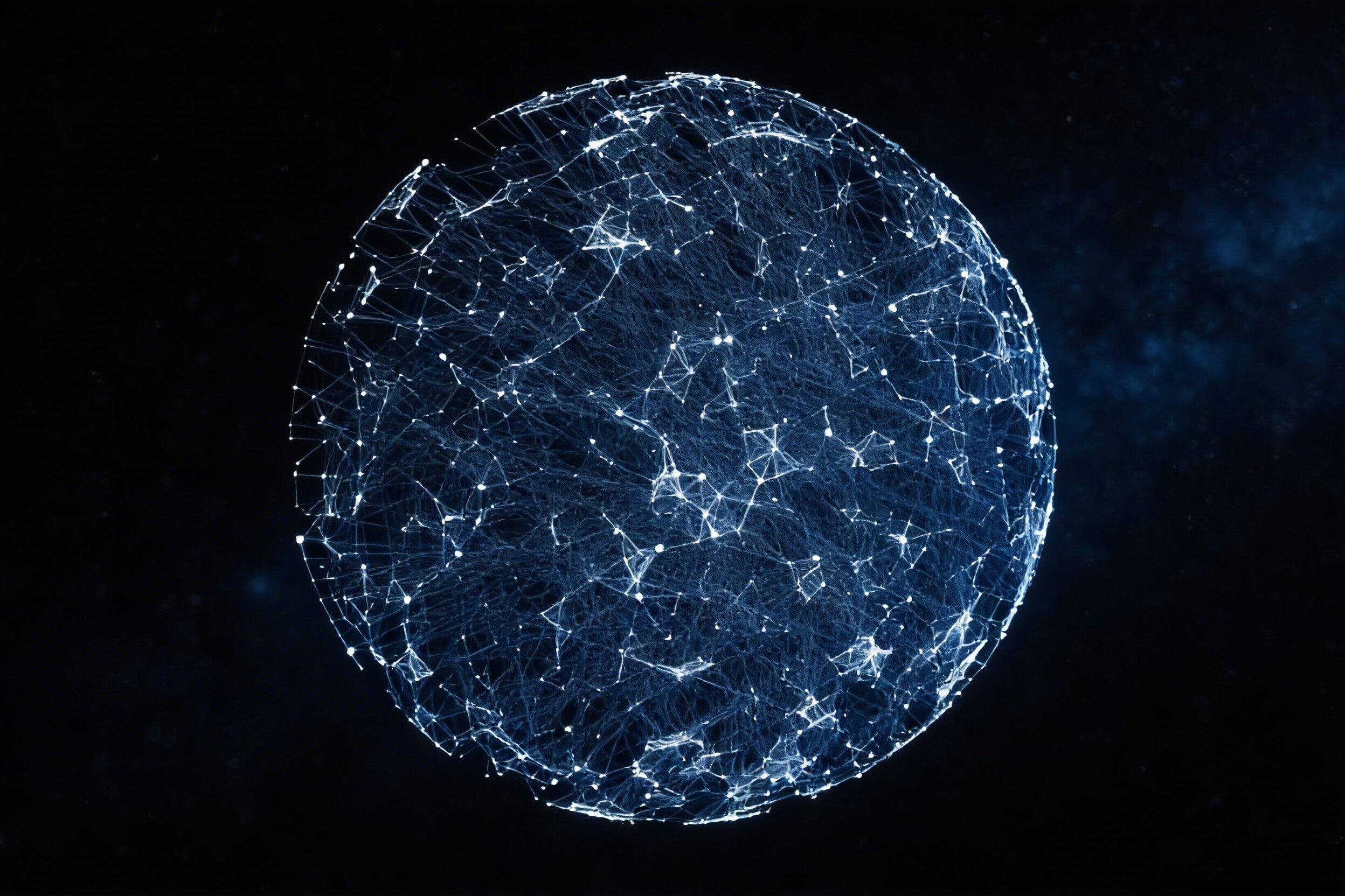 Glowing digital sphere made of interconnected nodes and lines floating in dark space, representing a global space-based communication network.
