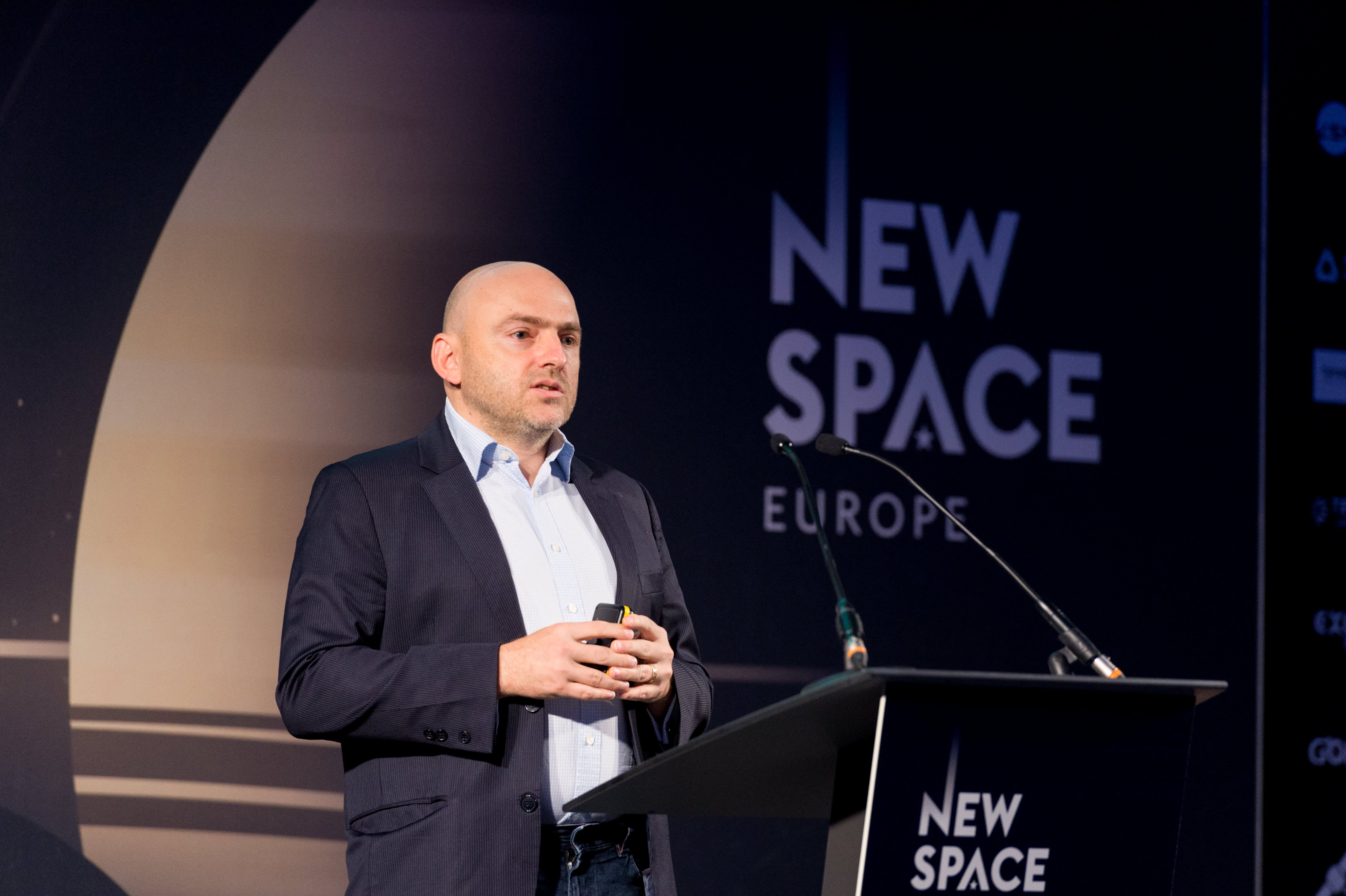 Peter Platzer speaking at New Space Europe. Credit: Marie de Decker