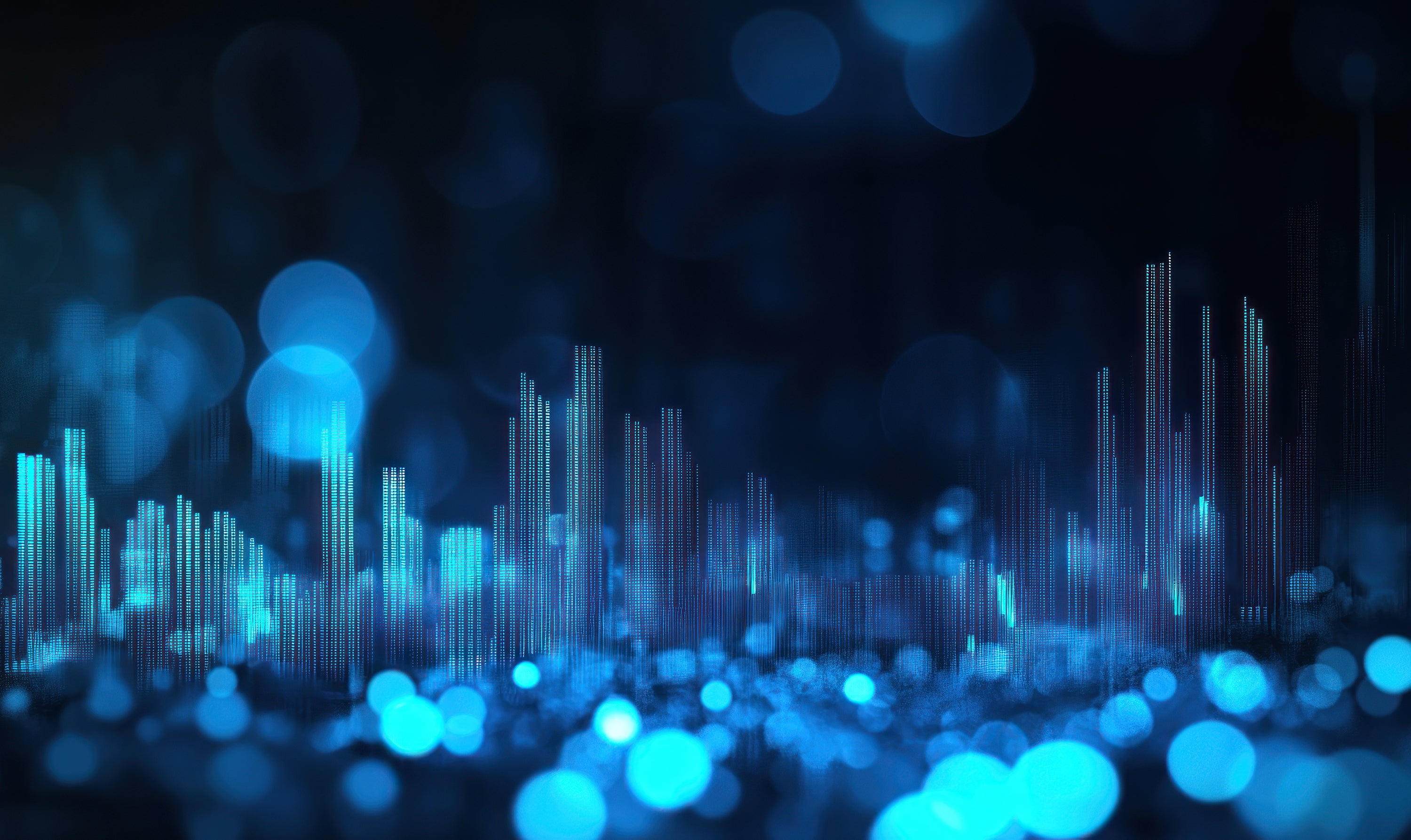 Abstract blue data visualization with glowing vertical bars and bokeh light effect on dark background