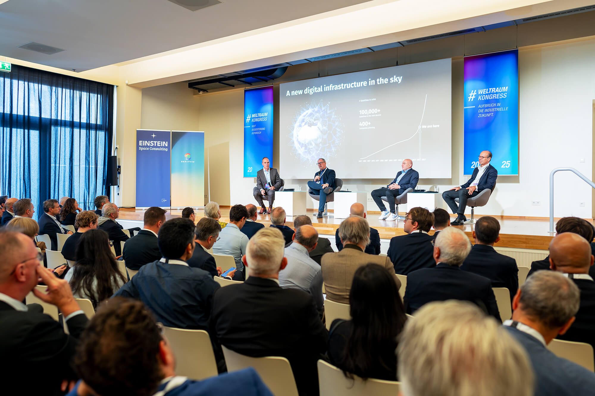 Podiumsdiskussion beim Weltraumkongress 2025 zum Thema digitale Satelliteninfrastruktur mit den Partnern von Seraphim, Christoph Keese und Ulrich Hermann.