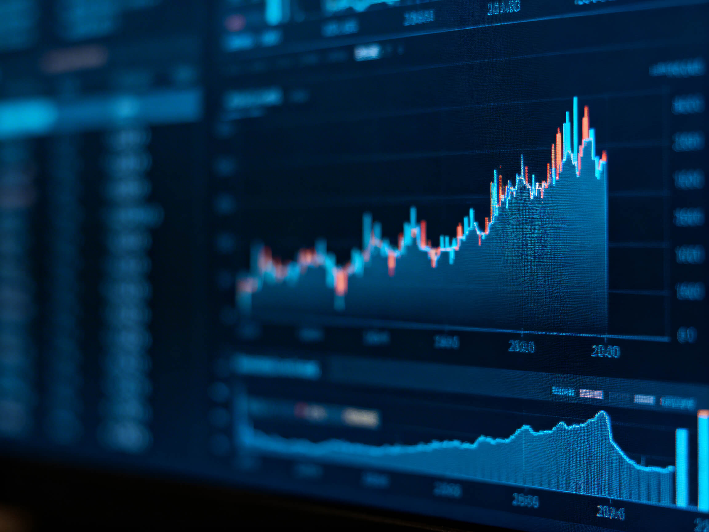 Financial market data displayed on a digital screen showing candlestick charts with blue and orange indicators trending upward.